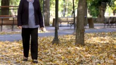老年妇女在秋天公园散步，有膝盖<strong>疼痛</strong>关节炎<strong>疼痛</strong>的概念
